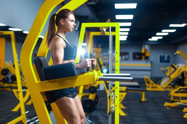 An athletic strong woman doing exercises for abdominal muscles at the parallel bars in a gym. Side view. ABS. — 스톡 사진