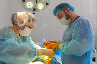 Hastanedeyiz. Cerrah ameliyathanede ameliyat yapar. Doktor ve hemşire göğüs büyütme ameliyatı sırasında yerleştirmeden önce implantı dezenfekte ederler..