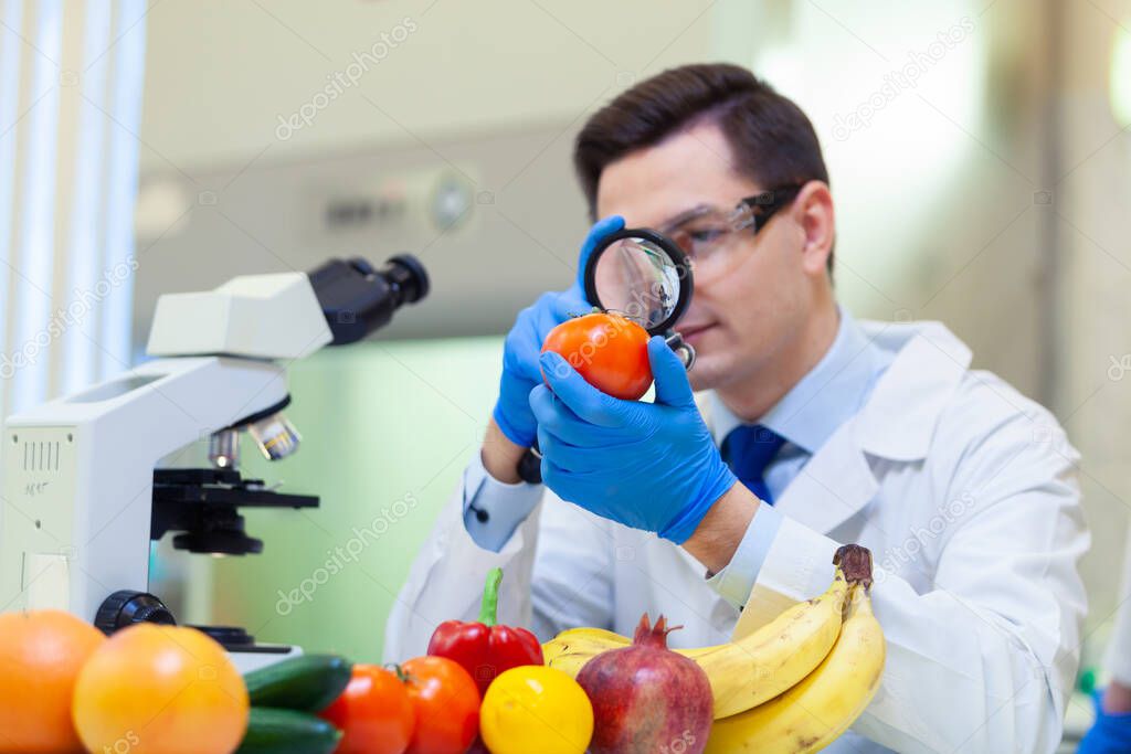 Laboratory worker examining fruits and vegetables and making analysis for pesticides and nitrates.