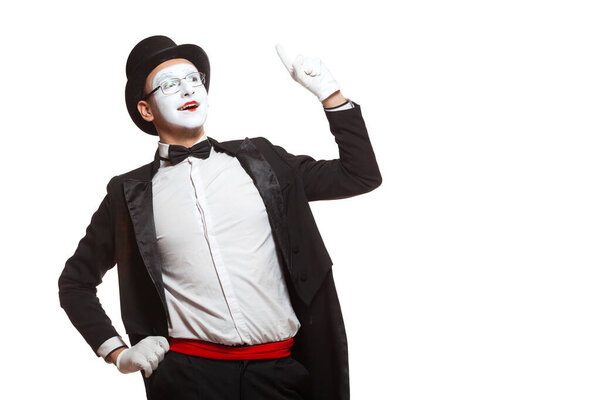 Portrait of a male mime artist performing, isolated on white background. Symbol of an idea, insight, Eureka