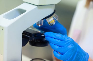 Mavi eldivenli teknisyenlerin ellerinin mikroskopta numuneleri değiştirmesine yakın durun. COVID-19. COVID Coronavirüs