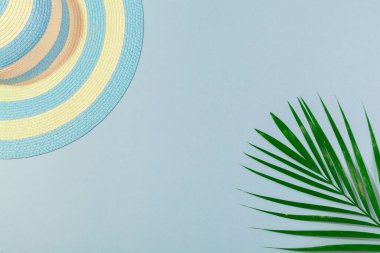 Turkuaz mavi arka planda plaj aksesuarları, çizgili mavi şapka ve palmiye yaprağı. Plaj tatili kavramı, deniz turu, sıcak güneşli yaz. Reklam alanı