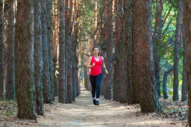 Genç kadın koşucu yaz ormanlarında tek başına antrenman yapıyor.