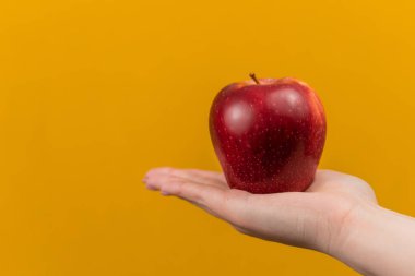 Sarı arka planda kırmızı elma. Yakın plan.