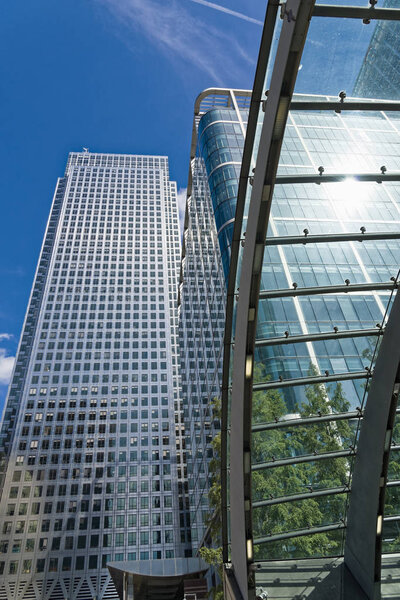 London, England - August 13, 2017: Canary Wharf skyscrapers with modern architecture office space for businessman.