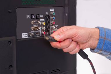 HDMI kablosu bir Hdtv kutusunun arkasında tutan el.