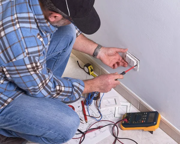 Elektrikçi elektrik tesisinde çalışma.