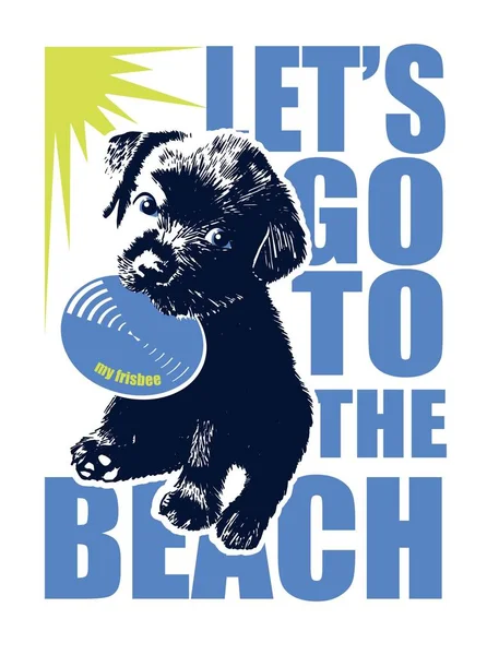 Czarny Szczeniak Labrador Siedzi Frisbee Chodźmy Plażę Ilustracja Rysunku — Wektor stockowy