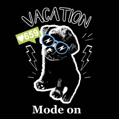 Gözlüklü şirin siyah Labrador köpeği. Tatil modu başladı. Siyah arkaplanda t-shirt için vektör illüstrasyon baskısı