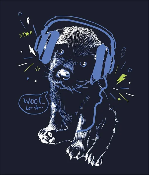 Aranyos Fekete Labrador Kiskutya Hallgat Zenét Fejhallgató Fekete Háttér Vektor — Stock Vector
