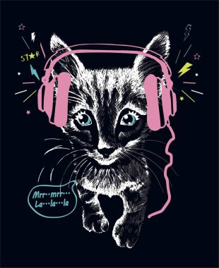 Kedi yavrusu el yazısıyla siyah arka plan vektör illüstrasyon baskısı üzerinde kulaklıkla müzik dinliyor.