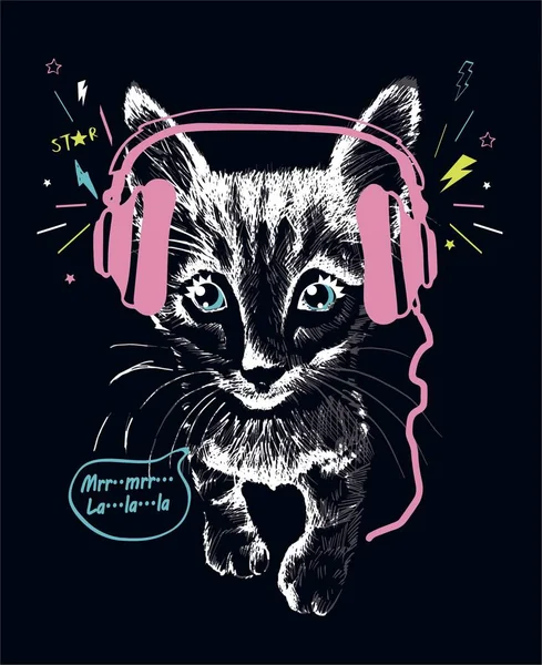 Gato Gatito Escrito Mano Escuchando Música Con Auriculares Fondo Negro — Archivo Imágenes Vectoriales