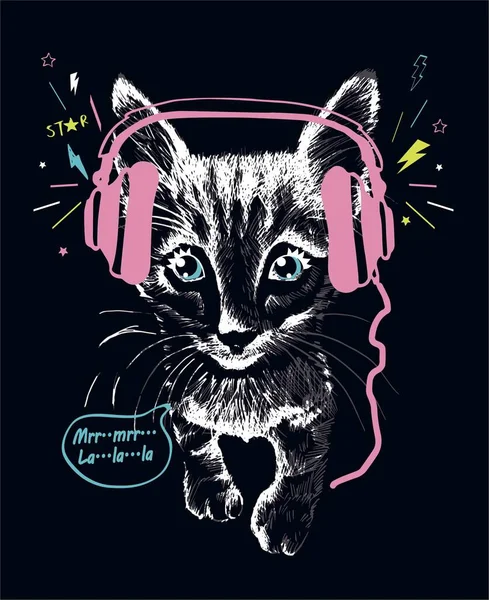 Kedi yavrusu el yazısıyla siyah arka plan vektör illüstrasyon baskısı üzerinde kulaklıkla müzik dinliyor.