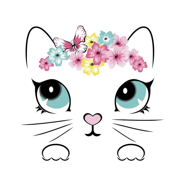 Cat Kitten Face Flowers Head Vector Illustration Print Girls Shirt — Stock Vector