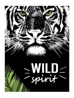 Siyah ve beyaz kaplan suratlı, sarı gözlü, palmiye yapraklı ve slogan olarak vahşi ruhlu. Bir siyah arkaplan vektör illüstrasyonunda elle çizilmiş.