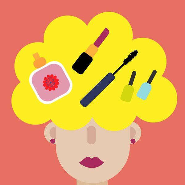 Modern art collage. Woman thinks cosmetics. Young caucasian business woman thinking. Young fashion cosmetic character. Beautiful cartoon character woman thinks cosmetics for concept design.