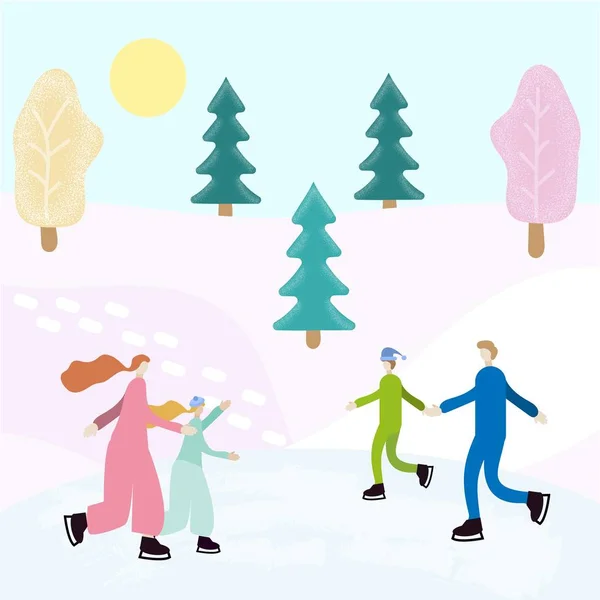 Rodzinne łyżwy na lodzie, mama, tata, syn i córka. korzystających z sezonu zimowego świątecznego, łyżwiarze na dekoracyjnym tle. Romantyczna zimowa ilustracja dla Twojego projektu. Ilustracja sportu wektor — Wektor stockowy