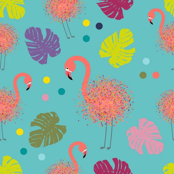 Modern art collage flamingo, seamless pattern with tropical palm leaves and flamingos, drawing dots by brush, Vector tropical seamless, flamingo pattern textile design. Paradise nature. — Stock Vector