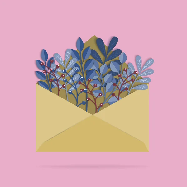 Boeket van narcissen en mimosa in de postsector envelop. Lente bloemen. Bloem levering concept. Floral samenstelling. Vectorillustratie op een blauwe achtergrond — Stockvector