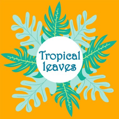 Tropikal yapraklar, ortadaki elle çizilmiş suluboya vektöründe yer alır. Çerçeve izi tasarımı için tropik yapraklar. Kumaş, duvar kâğıdı, arka plan. Klasik tropikal yapraklar, her amaç için harika tasarım..