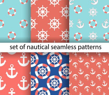 Deniz ve deniz arka kümesi. Deniz tema. Dikişsiz desen koleksiyonu. Vektör çizim.