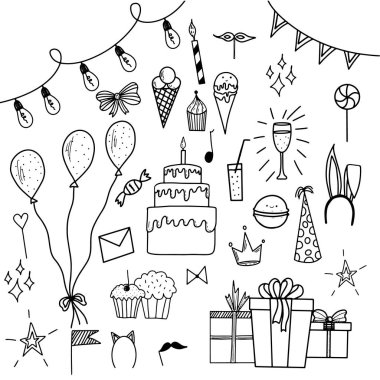 Boyama kitabı mutlu yıllar, her şey için harika bir tasarım. Tasarım elemanı. Komik çizgi film karakteri. Kutlama partisi. Sembol koleksiyonu. Yetişkin boyama kitabı sayfası. Mutlu yıllar..