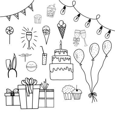 Boyama kitabı mutlu yıllar, her şey için harika bir tasarım. Tasarım elemanı. Komik çizgi film karakteri. Kutlama partisi. Sembol koleksiyonu. Yetişkin boyama kitabı sayfası. Mutlu yıllar..