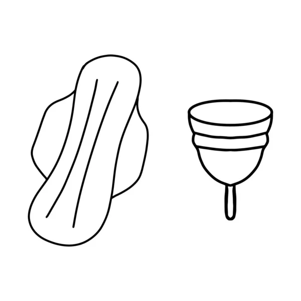 Choisissez entre un coussin et une coupe menstruelle. Style Doodle minimalisme dessin noir sur un fond blanc, isoler. Le concept de protection et d'hygiène personnelles modernes pour les femmes . — Image vectorielle