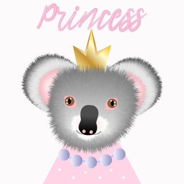 koala girl head in baby cartoon style, koala bear princess, cartoon face, cheerful postcard with the inscription princess