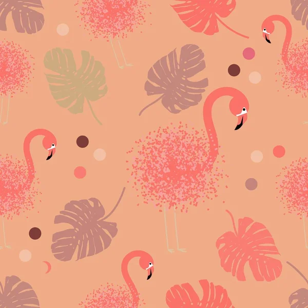 Иллюстрация на розовом фоне. Природа текстильная. Ботаническая иллюстрация. Симпатичная векторная иллюстрация. Летний отпечаток природных джунглей. Красивые тропические листья. Palm monstera seamless picture . — стоковый вектор