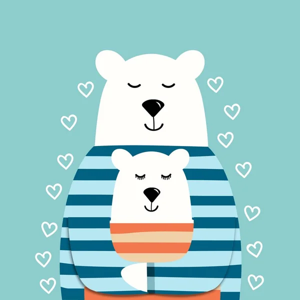 Aranyos jegesmedvék pulóverben, egy szelíd és aranyos vektor illusztráció, egy medveszerű pár, vidám ölelések, egy medve ölelgetése, pólók, kártyák, üdvözlőlapok, képeslapok tervezéséhez, rajzfilm stílusban — Stock Vector