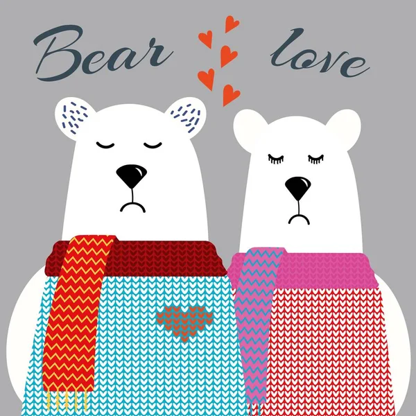 Schattige ijsberen in truien, een zachte en schattige vectorillustratie, een berenpaar, vrolijke knuffels, een beer die een beer knuffelt, voor het ontwerpen van T-shirts, kaarten, groeten, ansichtkaarten, in tekenfilmstijl — Stockvector