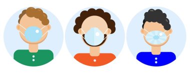 Koruyucu tıbbi maskeli düz pankartlı insanlar. Sağlığı koronavirüs salgınından koruma kavramı, sağlık hizmeti kavramı. Zatürree hastalığı. Sağlık bakterisi virüs koruması