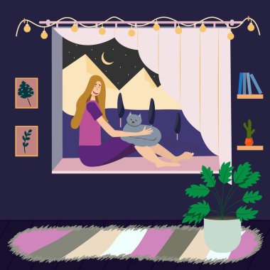 Çizgi filmdeki düz resimli kız pencerede oturuyor. Mutlu kadın, pencereye oturan kedi, dağ manzarası. Doğa, ağaçlar, ay. Oda bitkileri, kitaplar, tablolar, halı. Konforlu ev konforunu kabul et