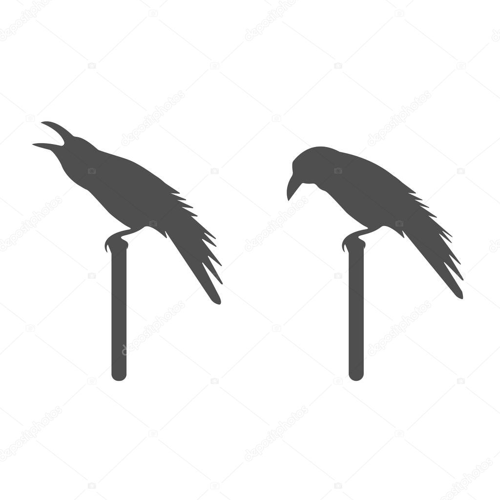 Crow is sitting on a stick. Set of raven. Vector illustration.