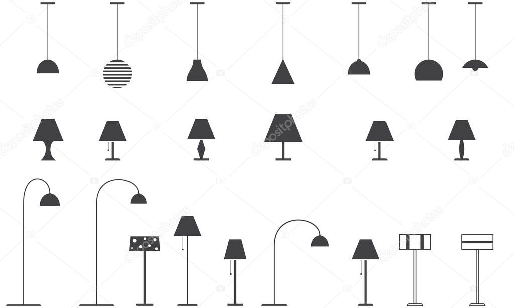 Set of lamps - floor lamp, table lamp, ceiling lamp. Vector illustration.
