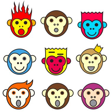 Set of monkey faces. Cartoon animals. Vector illustration.