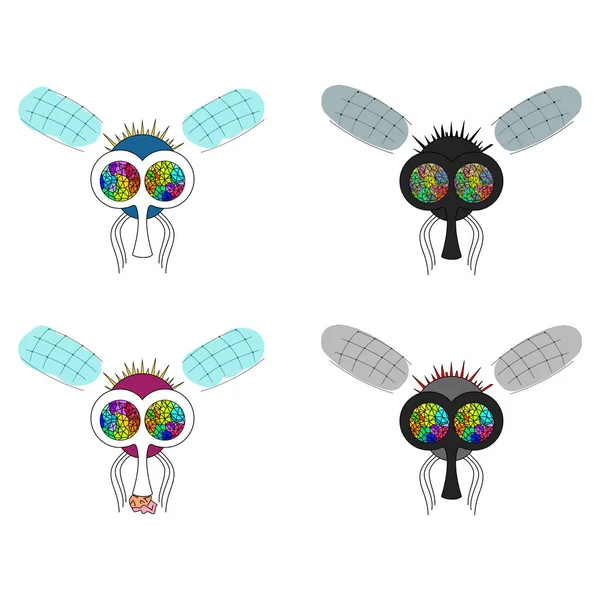 Conjunto Moscas Dibujos Animados Insectos Con Ojos Brillantes Ilustración Vectorial — Vector de stock