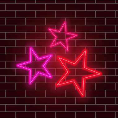 Neon stars. Glowing composition of three five-pointed stars. Night light advertising. Vector illustration