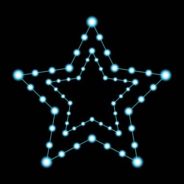 Koyu arkaplanda parlak daireler çizen mavi yıldızlar. Vektör illüstrasyonu