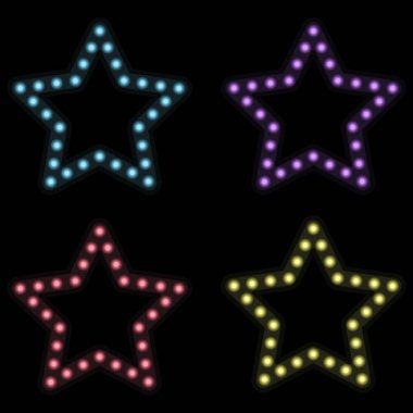Glowing circles inside a star on a dark background. Set of stars of different colors. Vector illustration