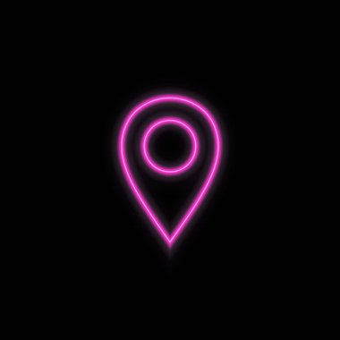 Neon konum simgesi. Retro pembe parlayan konum işareti. Gece lambası reklamı. Vektör illüstrasyonu.