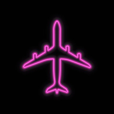 Neon four-engine aircraft. Retro pink glowing airplane sign. Night light advertising. Vector illustration