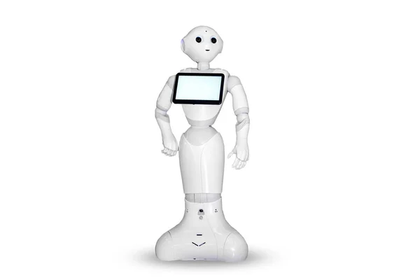 Witte Robot Een Witte Achtergrond Met Een Tablet — Stockfoto