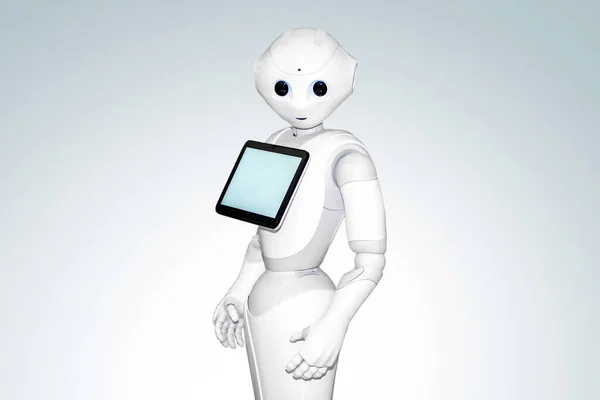 Robot blanco sobre fondo blanco con tableta —  Fotos de Stock
