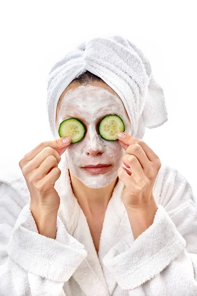 Beautiful Young Woman White Cream Her Face Juicy Fresh Cucumbers — Stock Photo, Image