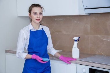 Evinin mutfağını temizleyen genç ve güzel bir kadın. Deterjanla temizleme.