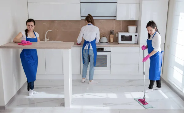 プロの掃除だ。きれいな女の子が台所を掃除している。少女は床を洗う。ブルネットの女の子はストーブを洗う. — ストック写真