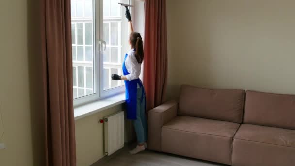 Young girl stand with their back and do the cleaning. The girl washes a window with a special brush for cleaning windows — Stock Video