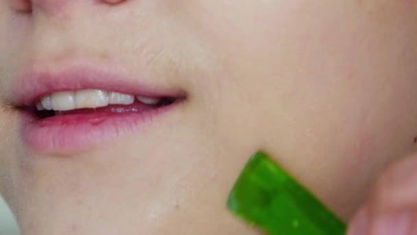 Schöne Modell Frau mit Aloe Vera Blatt Porträt — Stockvideo